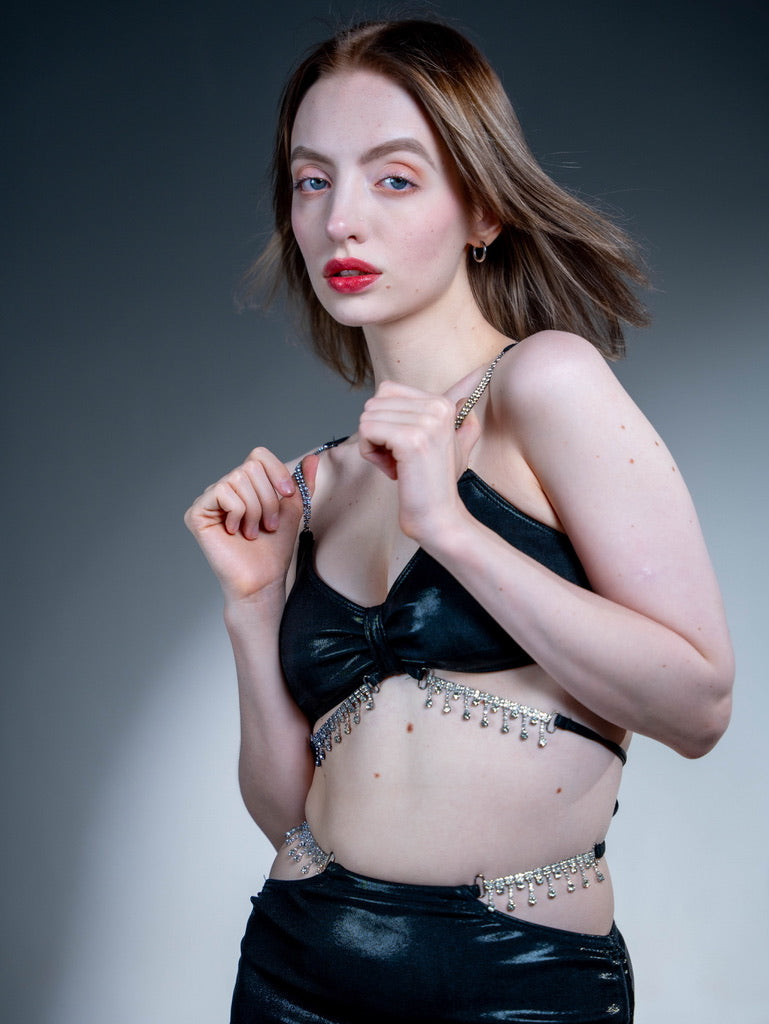 Black Shiny Diamond-Embellished Three-Piece Bikini