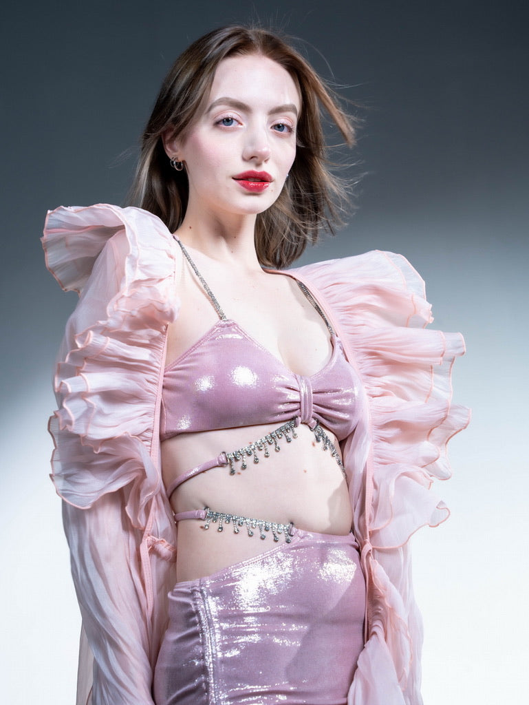 Conjunto de bikini con diamantes de imitación de color rosa encantado