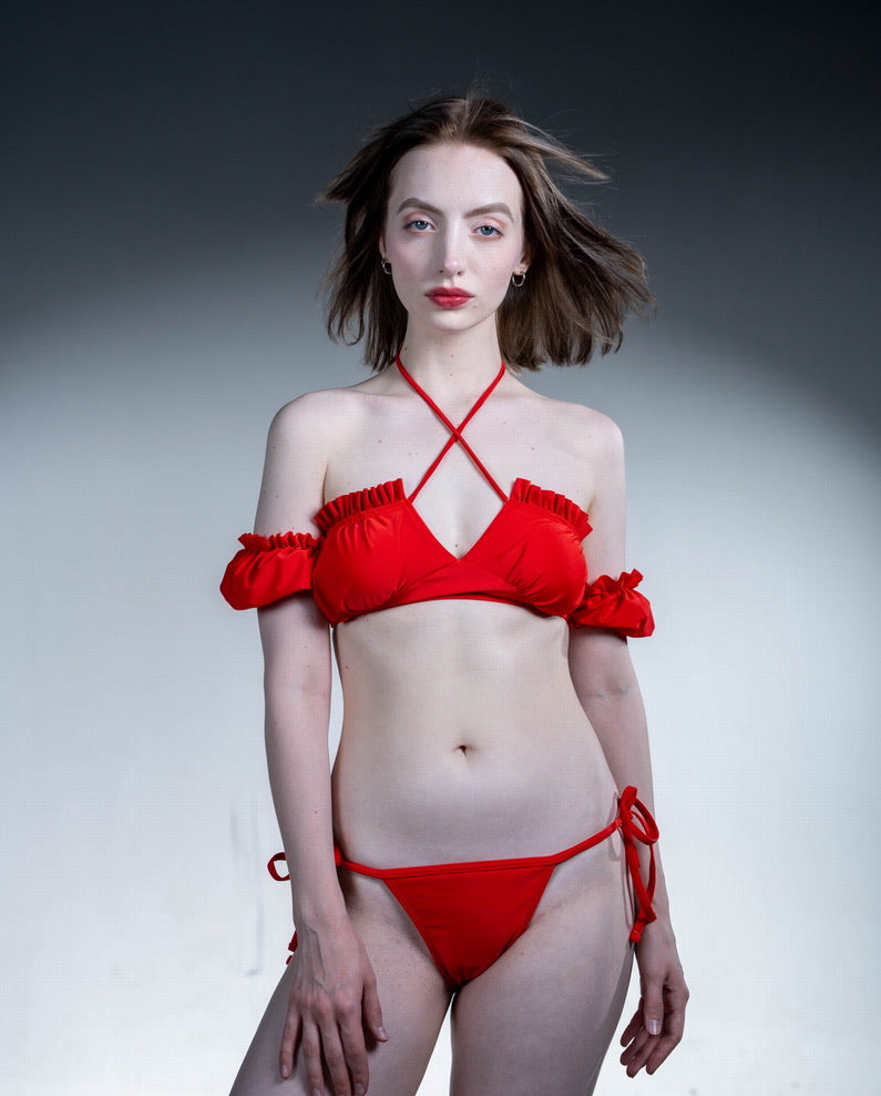 Red One-Shoulder Bubble Sleeve Bikini