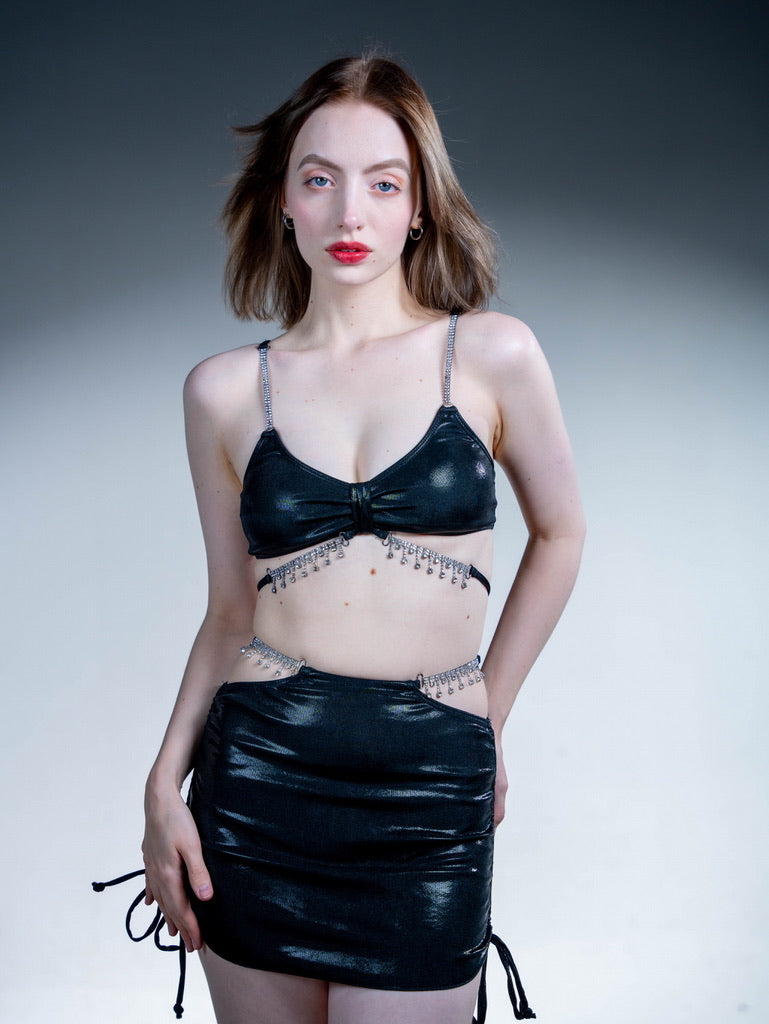 Black Shiny Diamond-Embellished Three-Piece Bikini