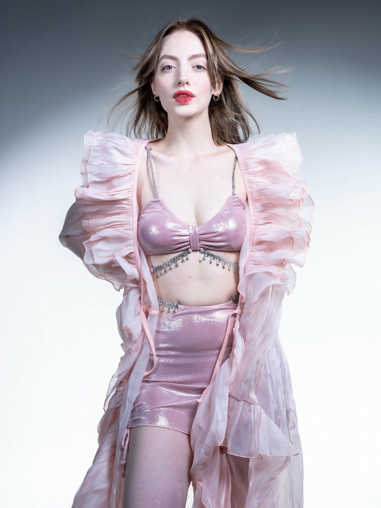 Conjunto de bikini con diamantes de imitación de color rosa encantado