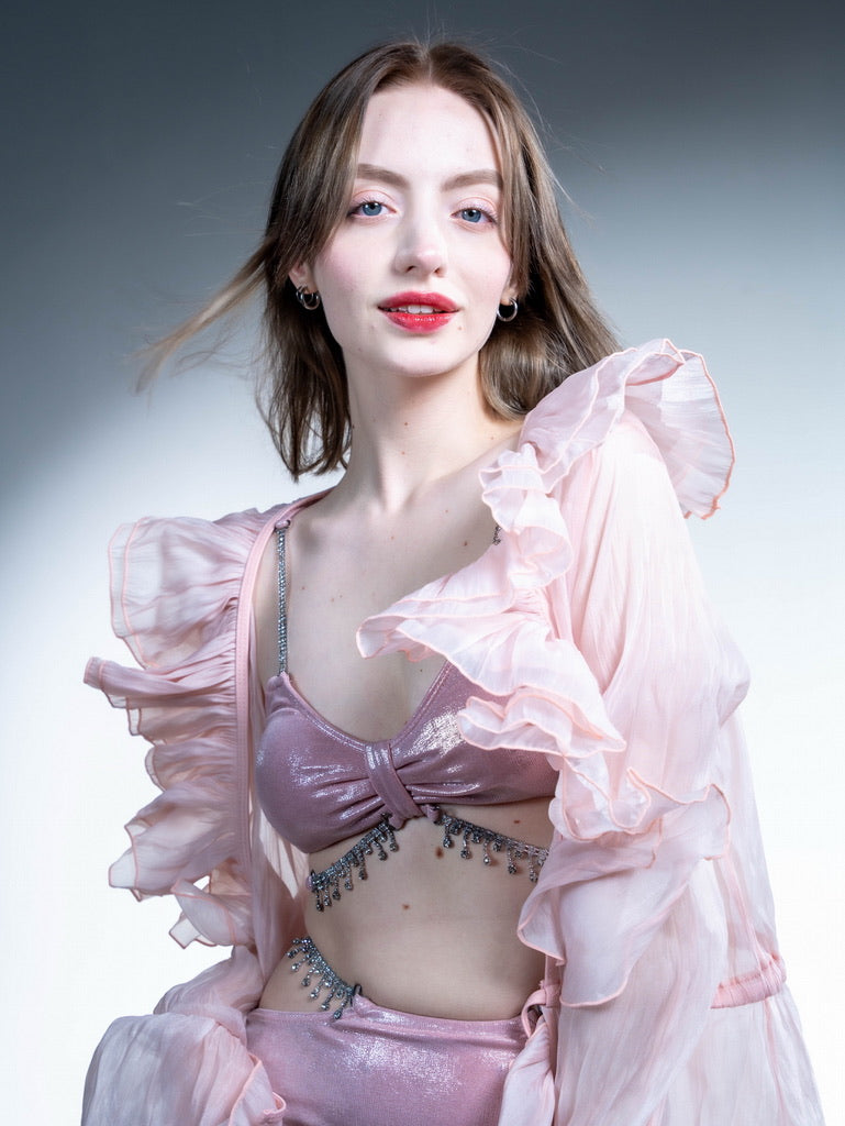 Conjunto de bikini con diamantes de imitación de color rosa encantado