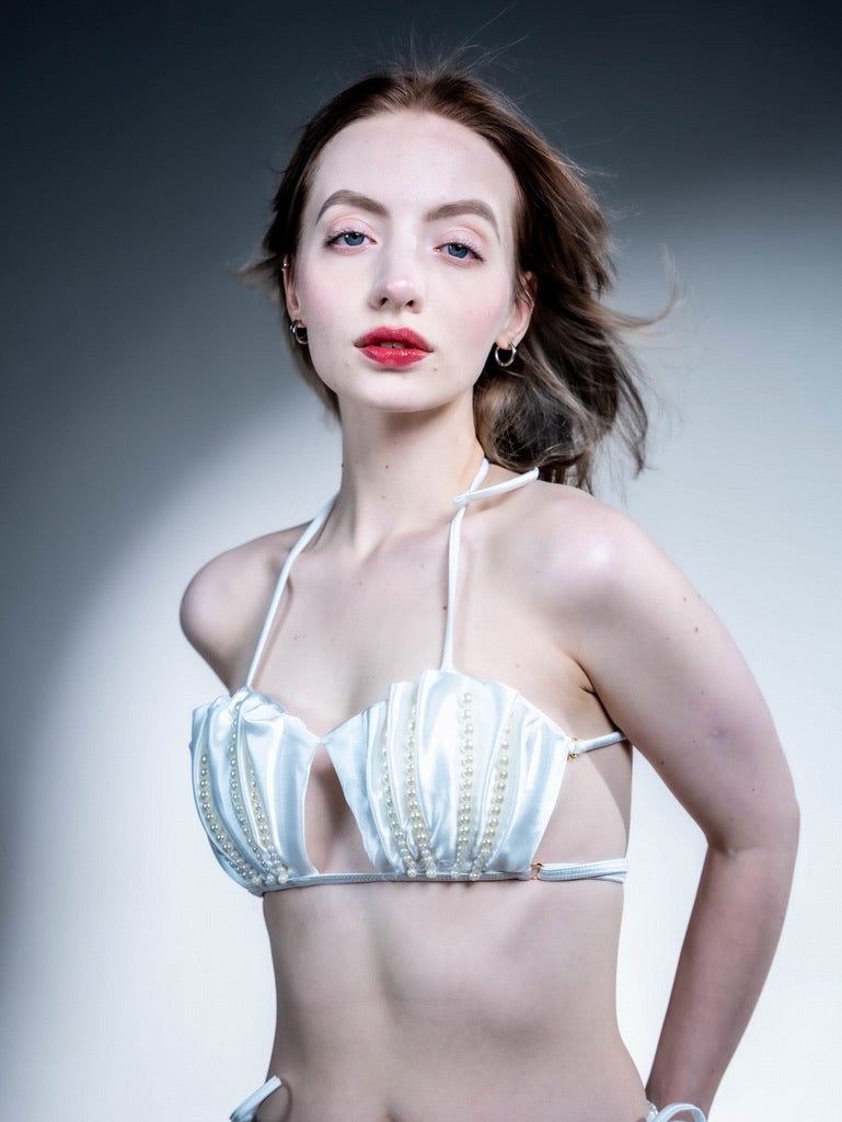 Three-piece Seashell Bikini Set in the exquisite combination of pearl-white dual-sided satin