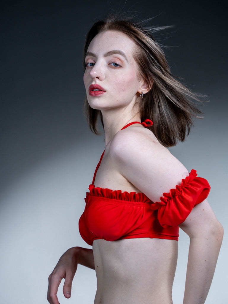 Red One-Shoulder Bubble Sleeve Bikini