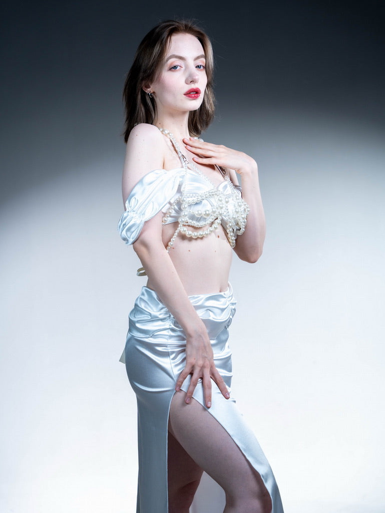 White High-Gloss One-Shoulder Bandeau Bikini with High-Slit Long Skirt - Three-Piece Set