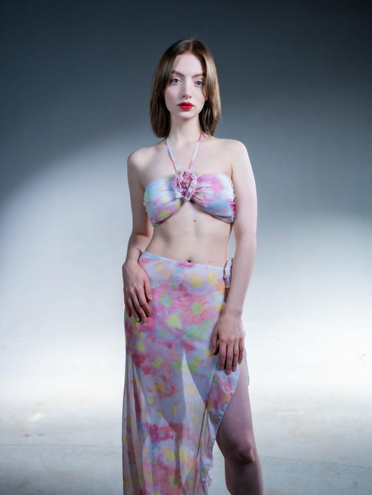 Pink Floral Halter Bikini Set with Flower Embellishments