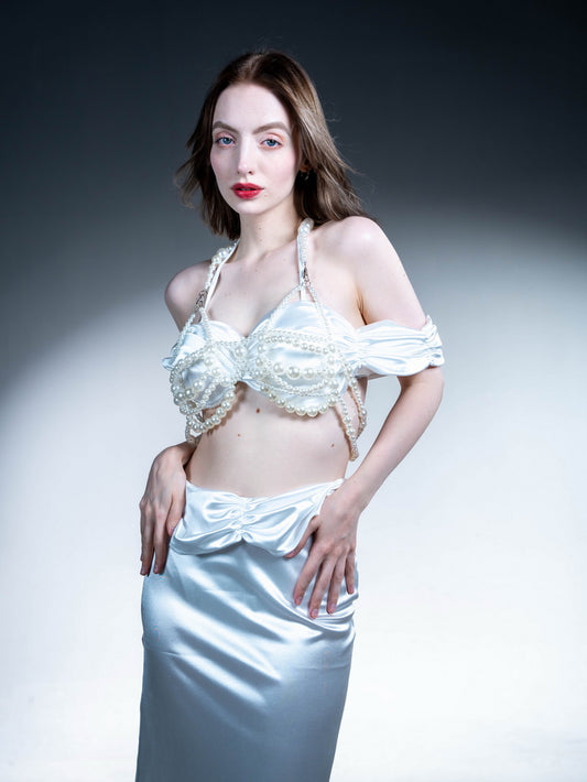 White High-Gloss One-Shoulder Bandeau Bikini with High-Slit Long Skirt - Three-Piece Set
