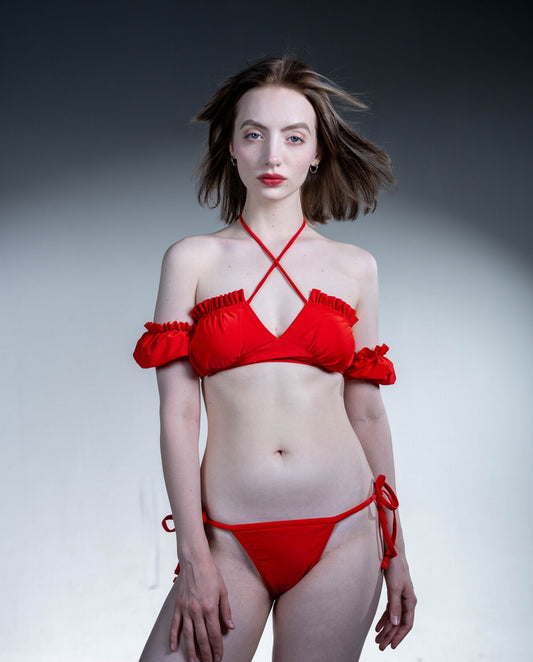 Red One-Shoulder Bubble Sleeve Bikini