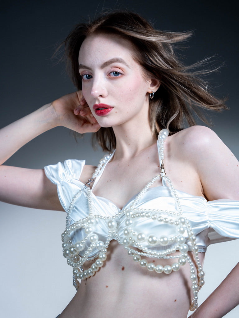 White High-Gloss One-Shoulder Bandeau Bikini with High-Slit Long Skirt - Three-Piece Set