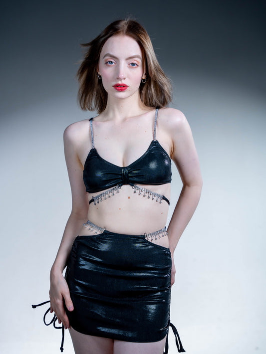 Black Shiny Diamond-Embellished Three-Piece Bikini