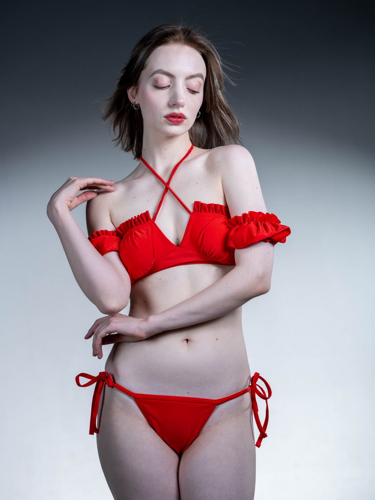 Red One-Shoulder Bubble Sleeve Bikini