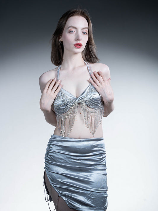 Silver Halterneck Bikini Set with Diamond Fringe and Irregular Split Skirt