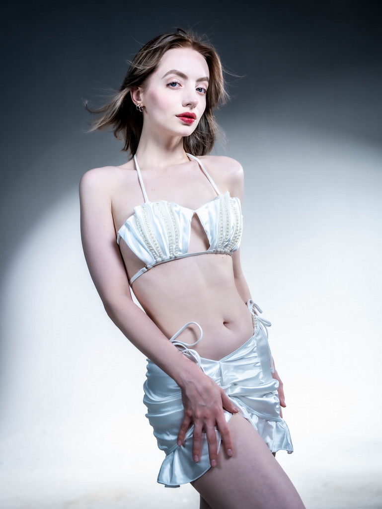Three-piece Seashell Bikini Set in the exquisite combination of pearl-white dual-sided satin
