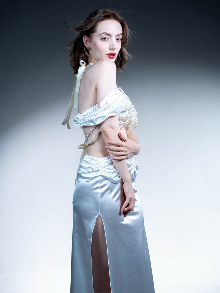 White High-Gloss One-Shoulder Bandeau Bikini with High-Slit Long Skirt - Three-Piece Set