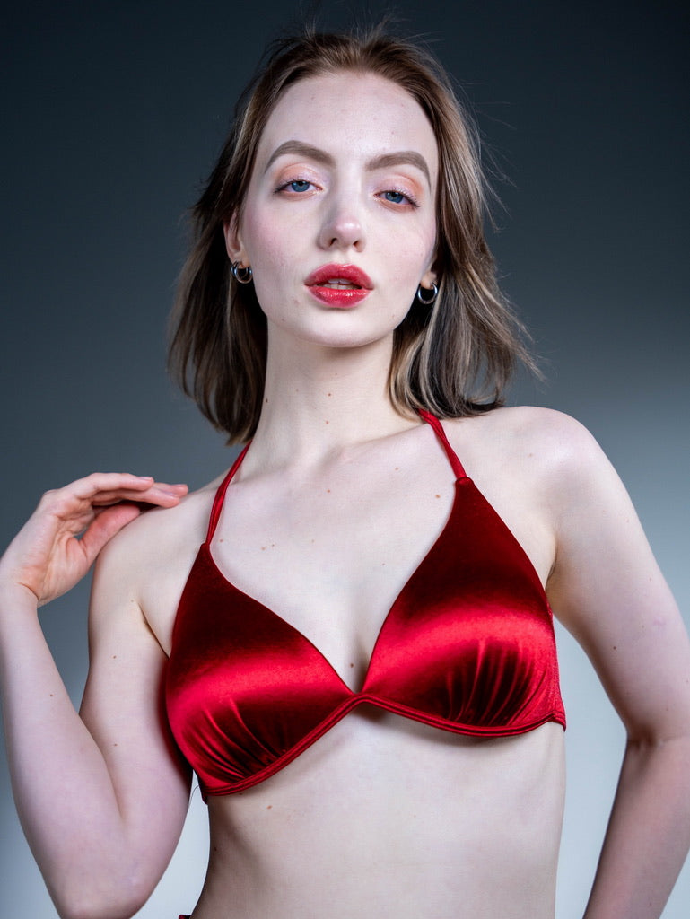 Luxurious Ruby Red Glossy Bikini with Matching Swim Skirt - Three-Piece Set