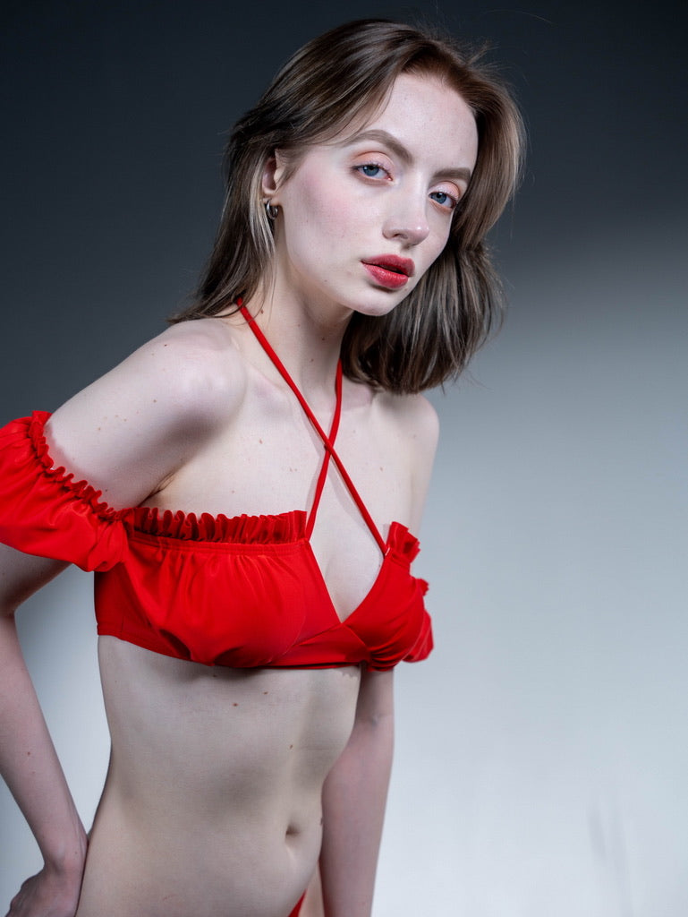 Red One-Shoulder Bubble Sleeve Bikini