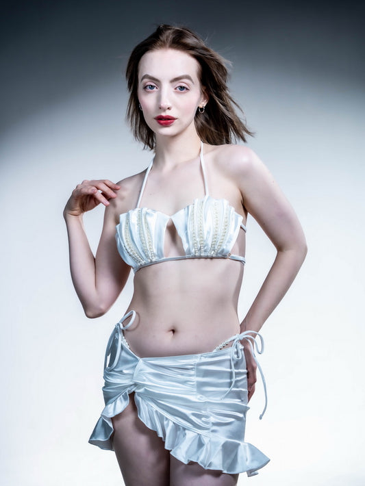 Three-piece Seashell Bikini Set in the exquisite combination of pearl-white dual-sided satin